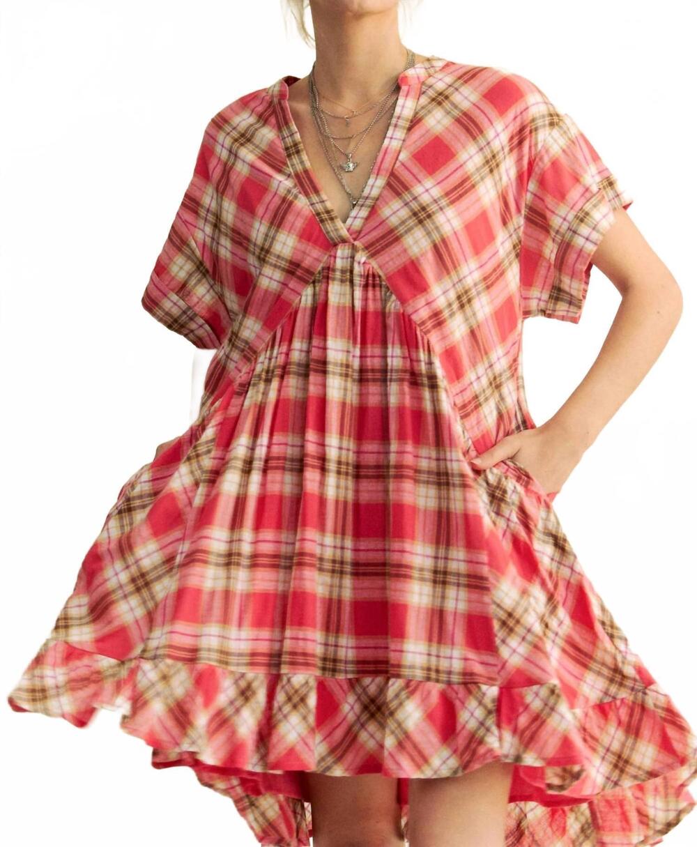 NEW DAVI & DANI lightweight v-neck drop shoulder tunic dress in red multi